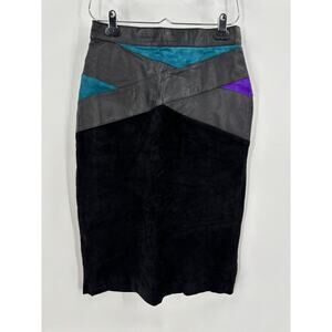 Cayenne Vintage Leather Skirt Womens 12 Black Suede 80s 90s Knee Length Retro